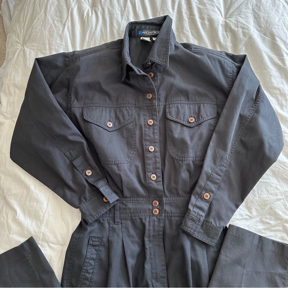 Vintage Architect Petites Navy Workwear Long Sleeve Jumpsuit